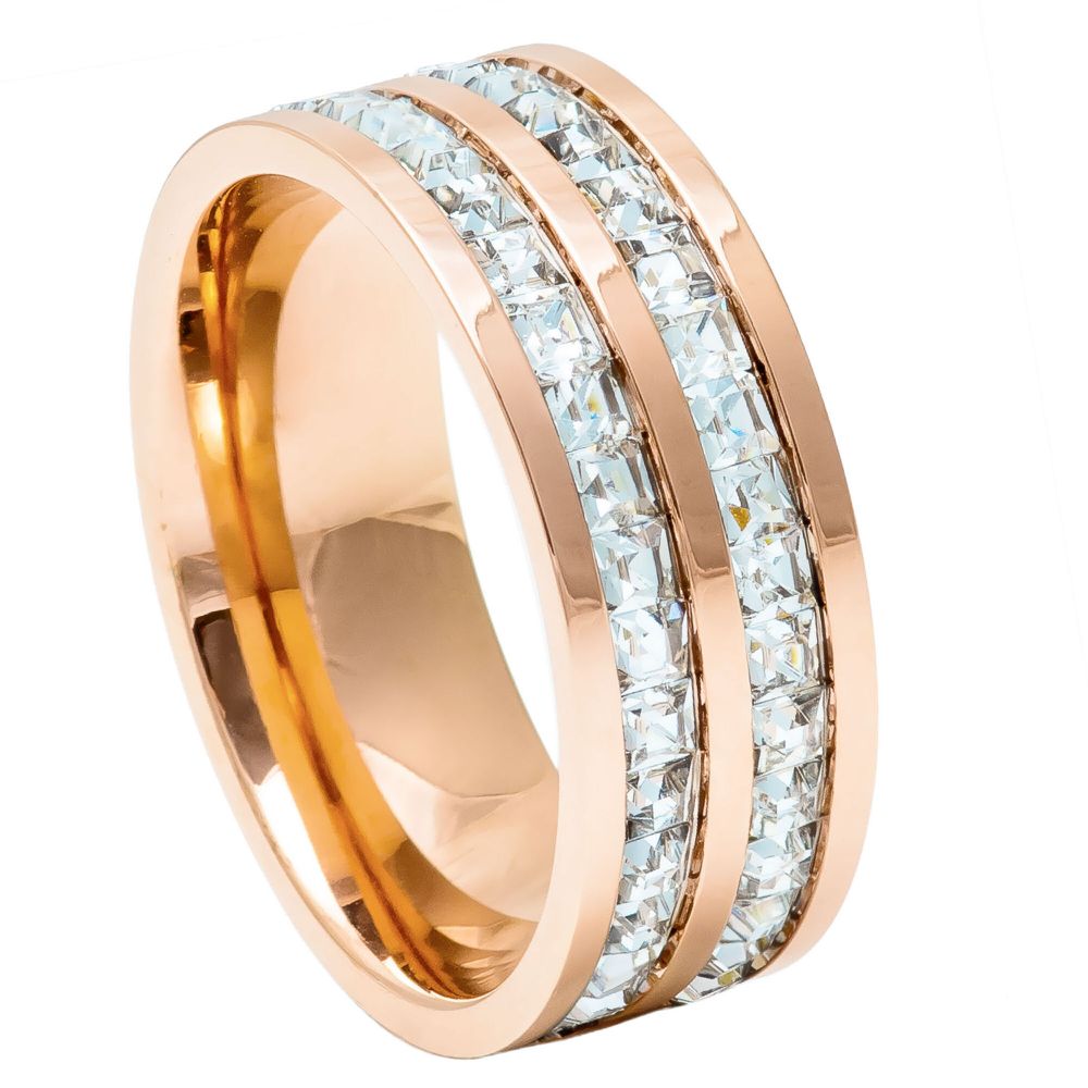 054-8mm Rose Gold IP Plated Titanium Ring Double Row Princess cut Eternity CZ