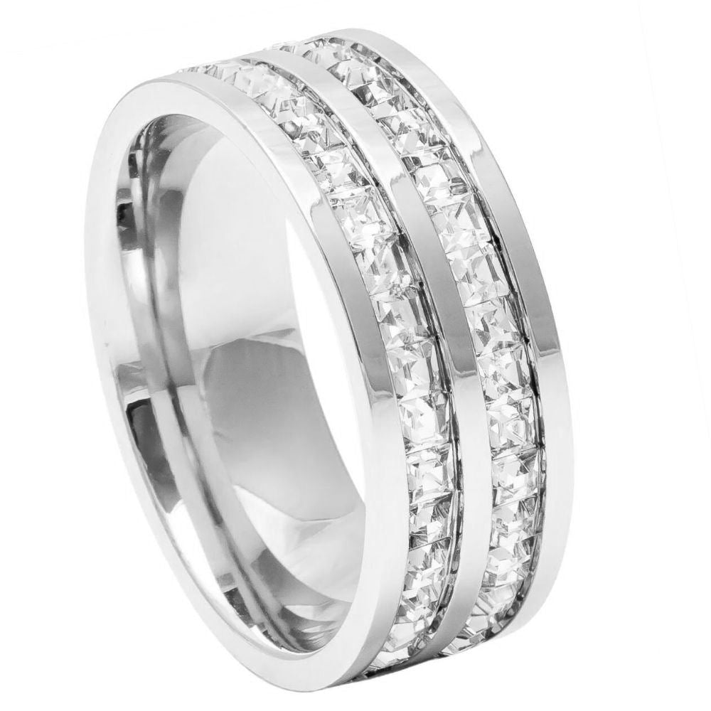 055-8mm Unplated Titanium Ring Double Row Princess cut Eternity CZ