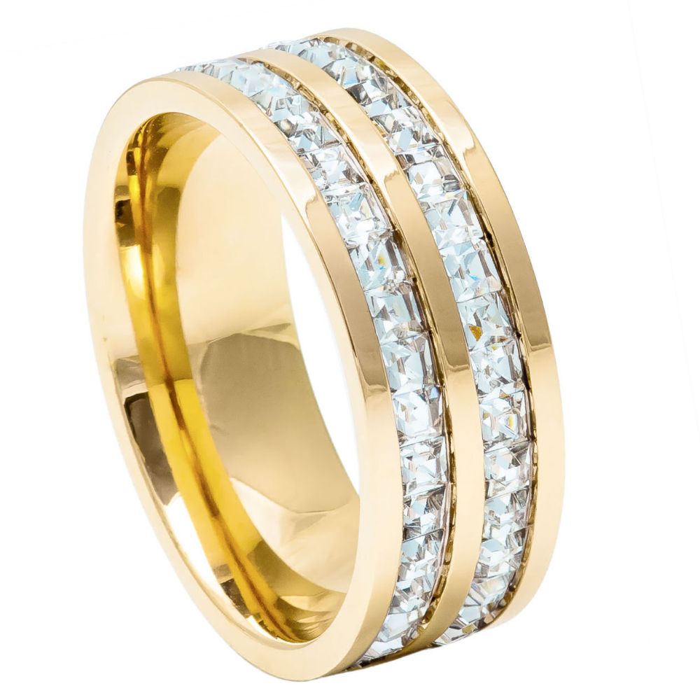 056-8mm Yellow Gold IP Plated Titanium Ring Double Row Princess cut Eternity CZ