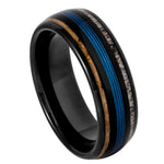 1151-8mm Black IP Domed Ring with Koawood, Blue Wire & Deer Antler Inlays