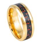 333-8mm Yellow Gold Plated High Polish with Red & Black Carbon Fiber Inlay Beveled Edge