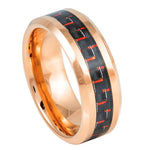 337-8mm Rose Gold Plated High Polish with Red & Black Carbon Fiber Inlay Beveled Edge