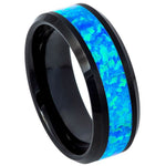 530-8mm Black IP Plated Synthetic Blue Green Opal Inlay Beveled Edge