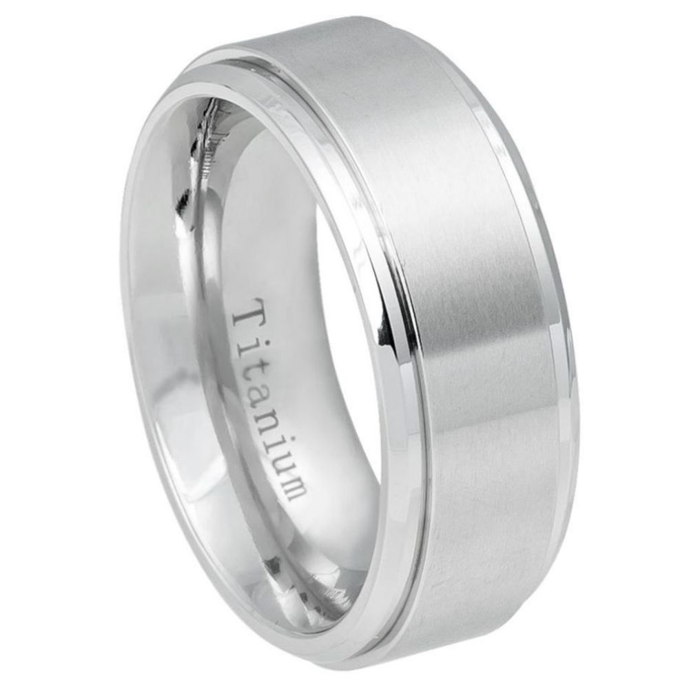 543-9mm White IP Plated Titanium Ring Brushed Center, Shiny Stepped Edge