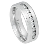 552-8mm White Titanium Ring Brushed Center Shiny Beveled Edge with 9 Channel set CZs