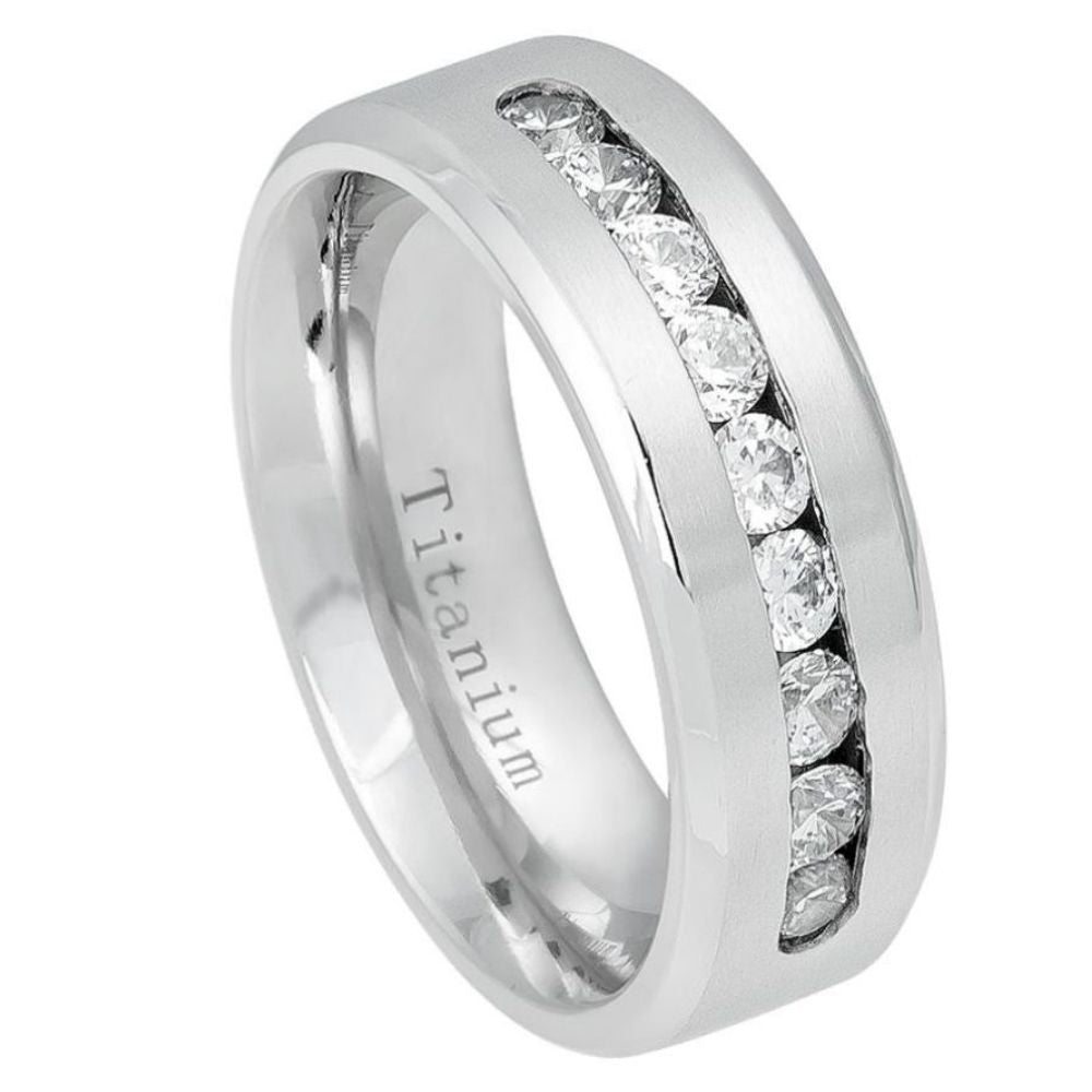 552-8mm White Titanium Ring Brushed Center Shiny Beveled Edge with 9 Channel set CZs