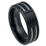 553-8mm Grooved Center Brushed Black IP Plated Titanium Ring Low Beveled Edge with Double Cable Inlay