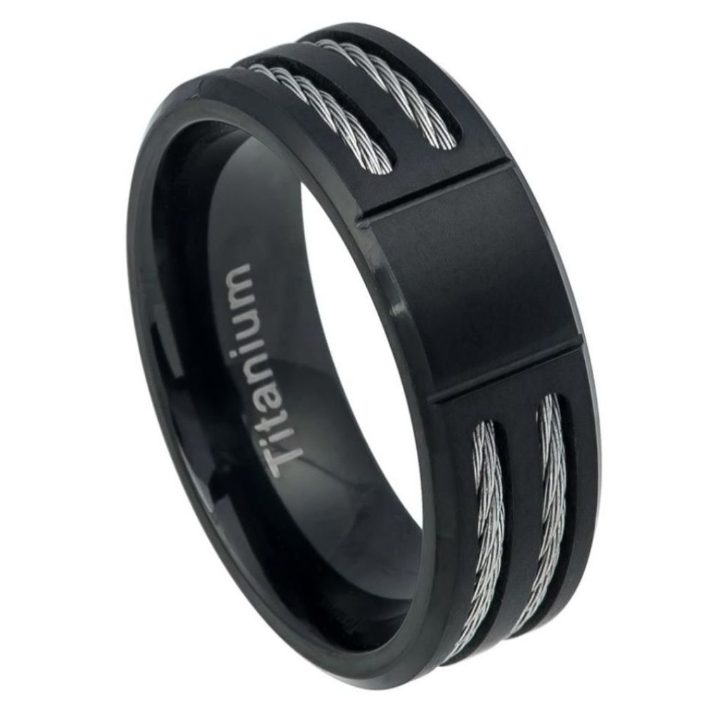 553-8mm Grooved Center Brushed Black IP Plated Titanium Ring Low Beveled Edge with Double Cable Inlay