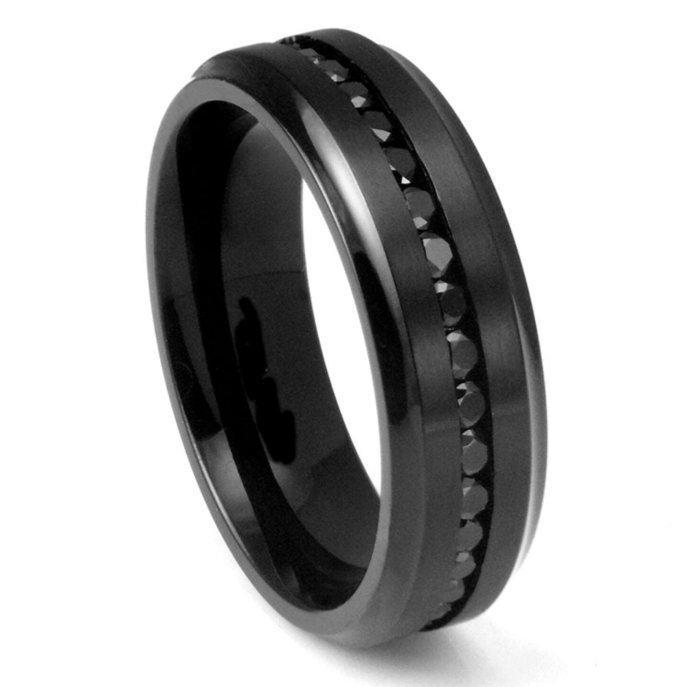 566-8mm Black IP Plated Titanium Beveled Edge Black CZ Eternity Band