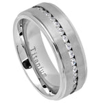 585-8mm White IP Plated Titanium Ring Brushed Center Shiny Stepped Edge with Eternity Style CZs