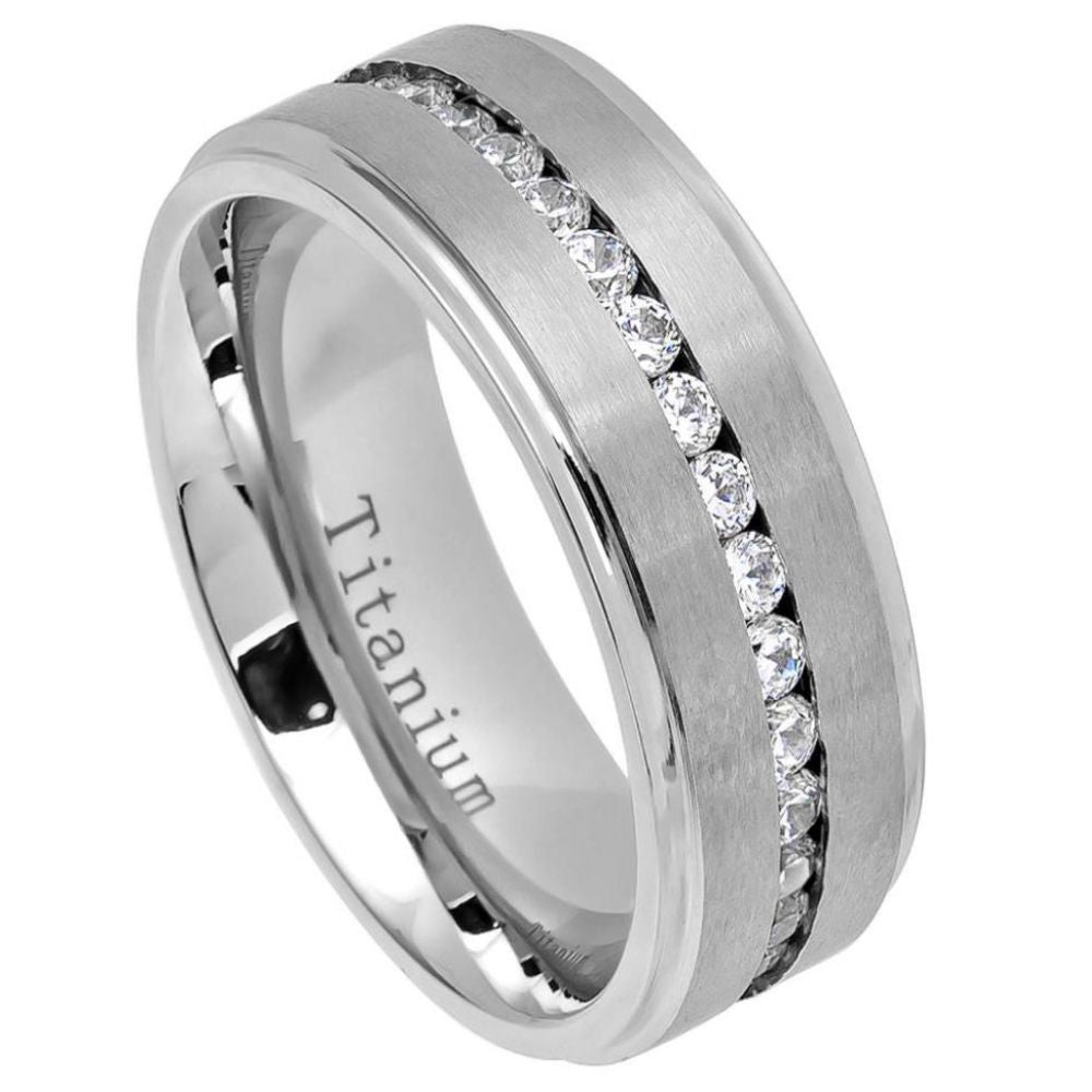 585-8mm White IP Plated Titanium Ring Brushed Center Shiny Stepped Edge with Eternity Style CZs