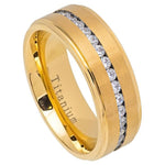 586-8mm Yellow IP Titanium Ring Brushed Center Shiny Stepped Edge with Eternity Style CZs