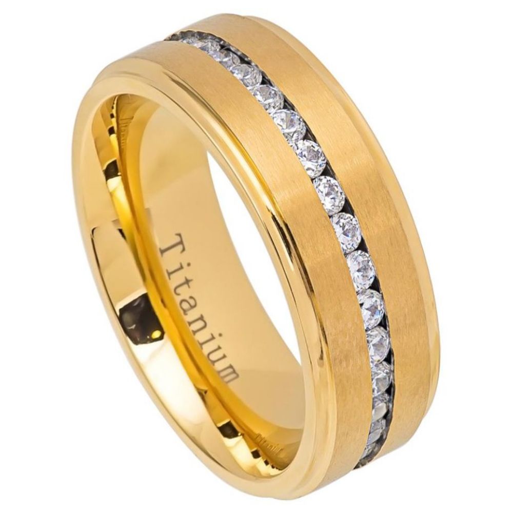 586-8mm Yellow IP Titanium Ring Brushed Center Shiny Stepped Edge with Eternity Style CZs