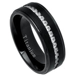 587-8mm Black IP Plated Titanium Ring Brushed Center Shiny Stepped Edge with Eternity Style CZs