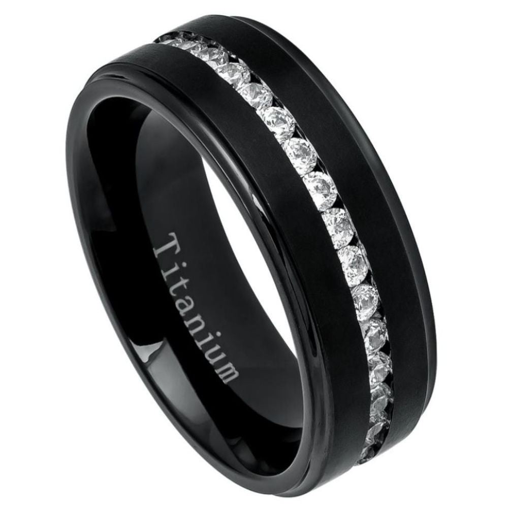 587-8mm Black IP Plated Titanium Ring Brushed Center Shiny Stepped Edge with Eternity Style CZs