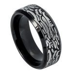 623-8mm Black IP Plated Ring with Laser Carved Rock Art Pattern