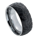 629-9mm Semi-domed Ring with Black IP Plated with Super Sleek Tire Tread Laser Carved Pattern