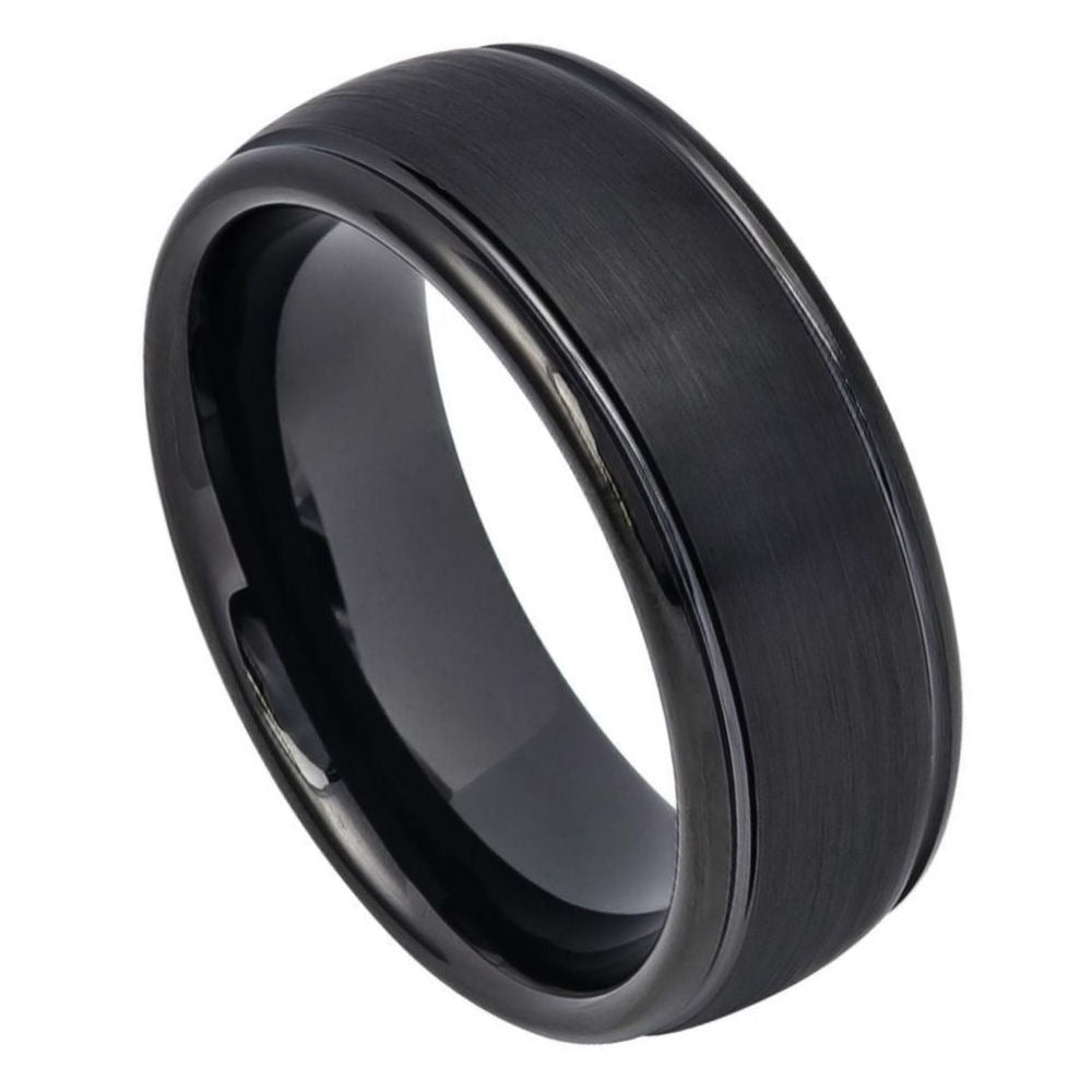 664-8mm Domed Black IP Plated Brushed Center High Polished Grooved Edge