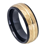715-8mm Two-tone Black IP Inside & Yellow Gold IP Hammered Finish with Center Groove Stepped Edge