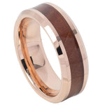 739-8mm Rose Gold IP Plated with Hawaiian Koa Wood Inlay Shiny Beveled Edge