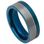 741-8mm Off-Center Grooved Blue IP Plated Brushed Pipe Cut Ring