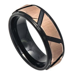 746-8mm Rose Gold IP Brushed Trapezoid Center High Polished Black Gold IP Grooves & Stepped Edge