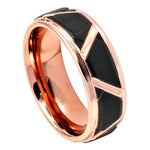 748-8mm Black I Brushed Trapezoid Center High Polished Rose Gold IP Grooves & Stepped Edge