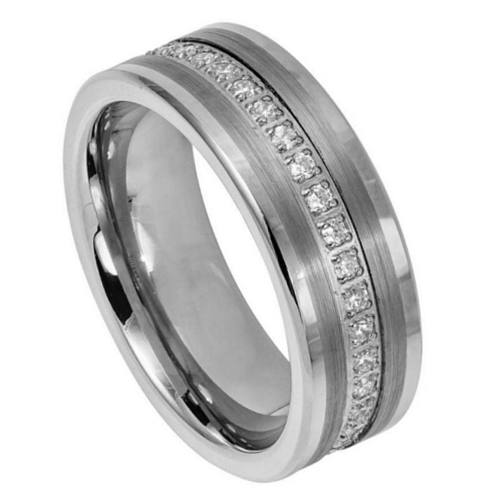 777-8mm Pipe-cut Brushed Center Prong-set Round-cut CZ Eternity