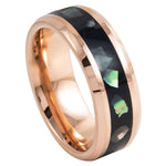 923-8mm Rose Gold IP Tungsten Ring with Black Resin & Abalone Shell Inlay