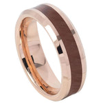 952-6mm Rose Gold IP Plated with Hawaiian Koa Wood Inlay Shiny Beveled Edge