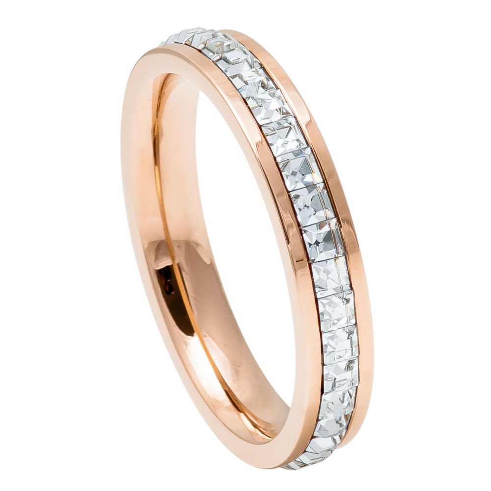 050-4mm Rose Gold IP Plated Titanium Ring Princess cut Eternity CZ