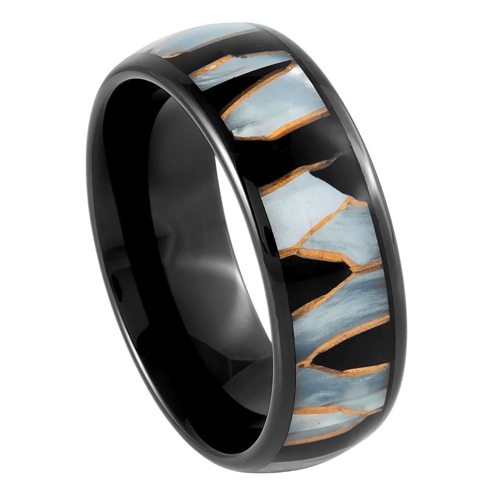 1018-8mm Black IP Plated Capiz, Black Resin & Gold Shavings Inlay