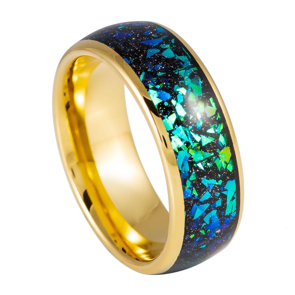 1056-8mm Dome Yellow IP Green Synthetic Opal & Abalone Fragments