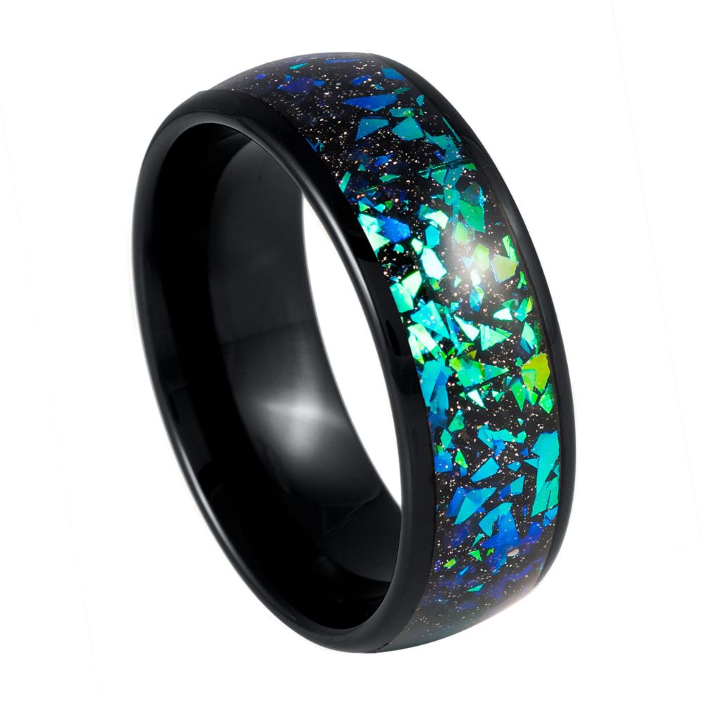 1057-8mm Dome Black IP Green Synthetic Opal & Abalone Fragments