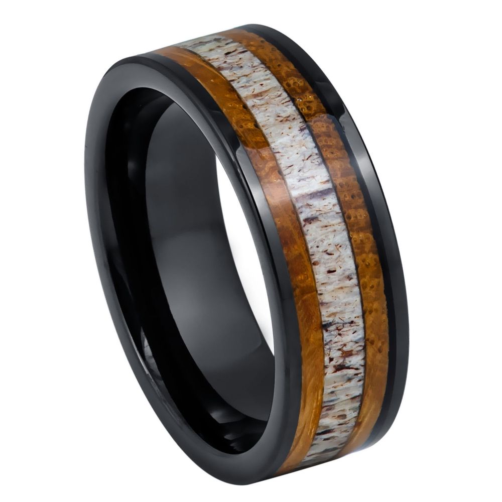 1079-8mm Black IP Plated Whiskey Barrel & Deer Antler Inlay