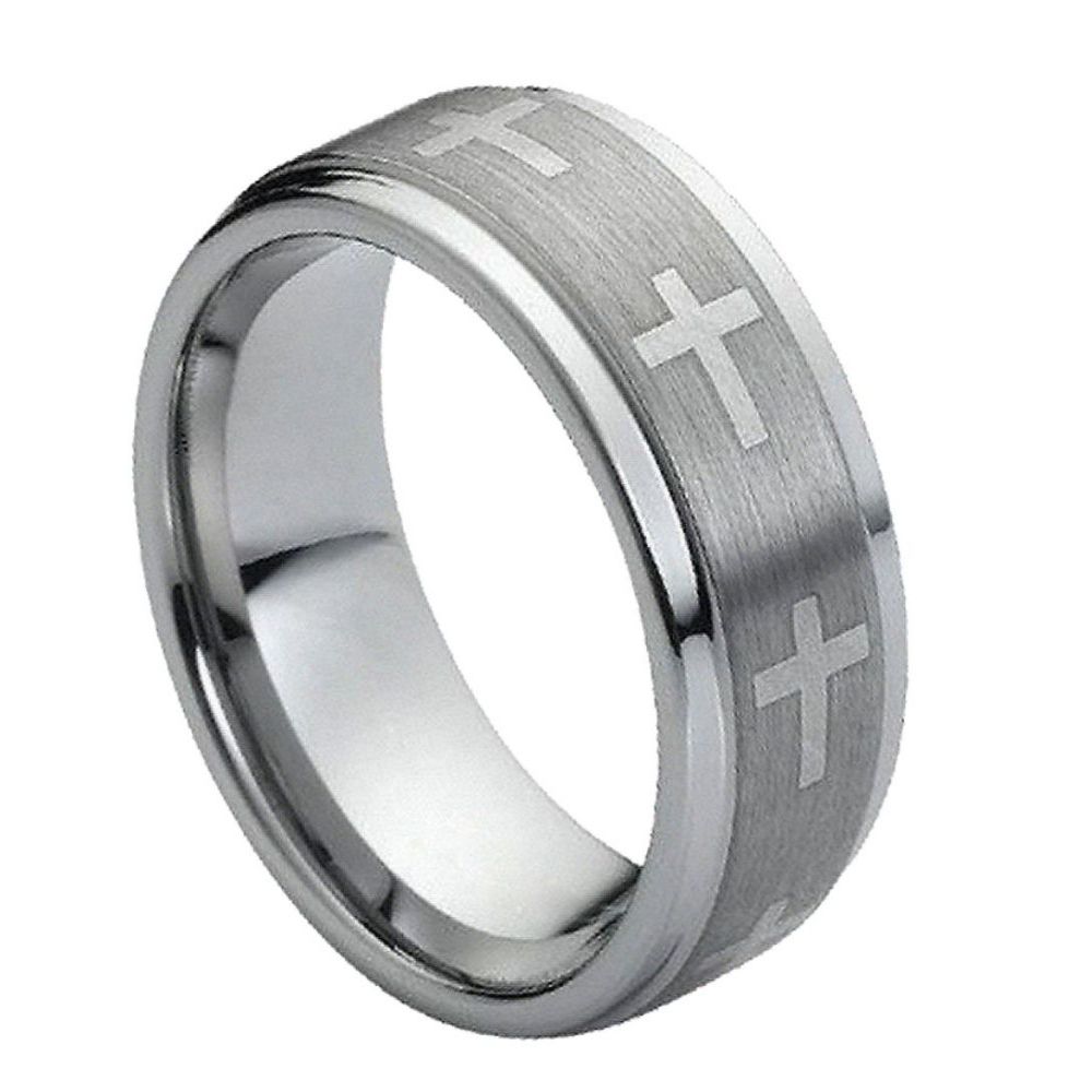 149-9mm Ring Flat Laser Engraved Crosses on Brushed Center