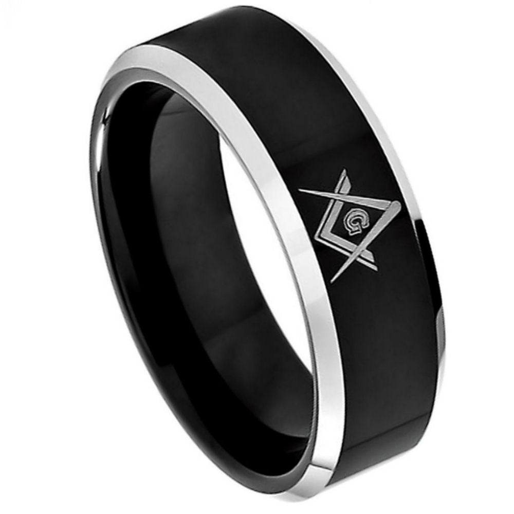 329-8mm Black IP Plated High Polish Laser Engraved Masonic Symbol