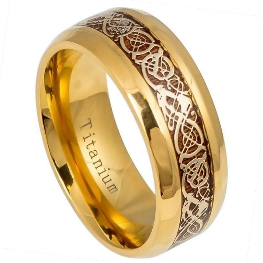 564-9mm Yellow Gold IP Plated Titanium Ring with Yellow Gold IP Celtic Design Over Rosewood Inlay