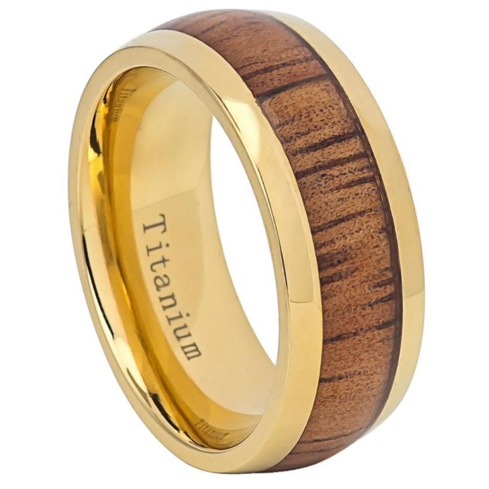 588-9mm Yellow IP Domed Titanium Ring with Hawaiian Koa Inlay