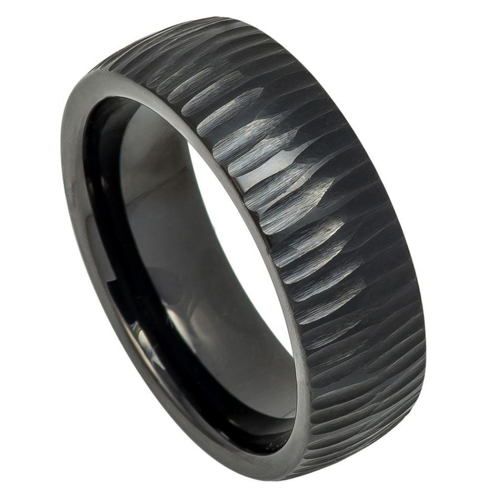 606-8mm Black IP Plated Semi Domed Ring with Tree Bark Carved Textured Finish