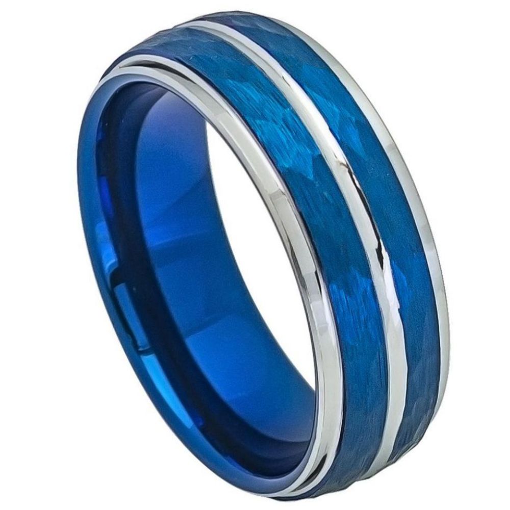 704-8mm Blue IP Plated Hammered Finish High Polished Stepped/Beveled Edge