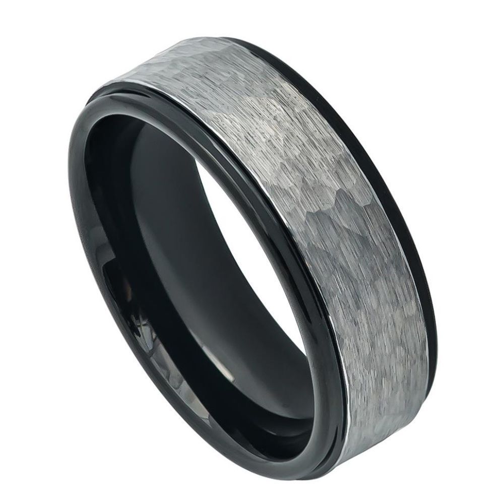 708-8mm Two-tone Hammered Gun Metal Brush Finish & Black IP Inner Ring Stepped Edge