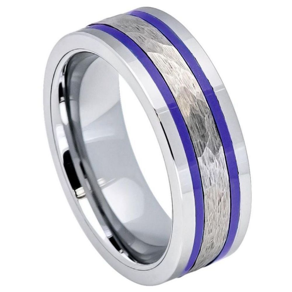 712-8mm Tungsten Ring Pipe-Cut Hammered Center with Two Blue Hue/Bluish Trims Shiny Edges
