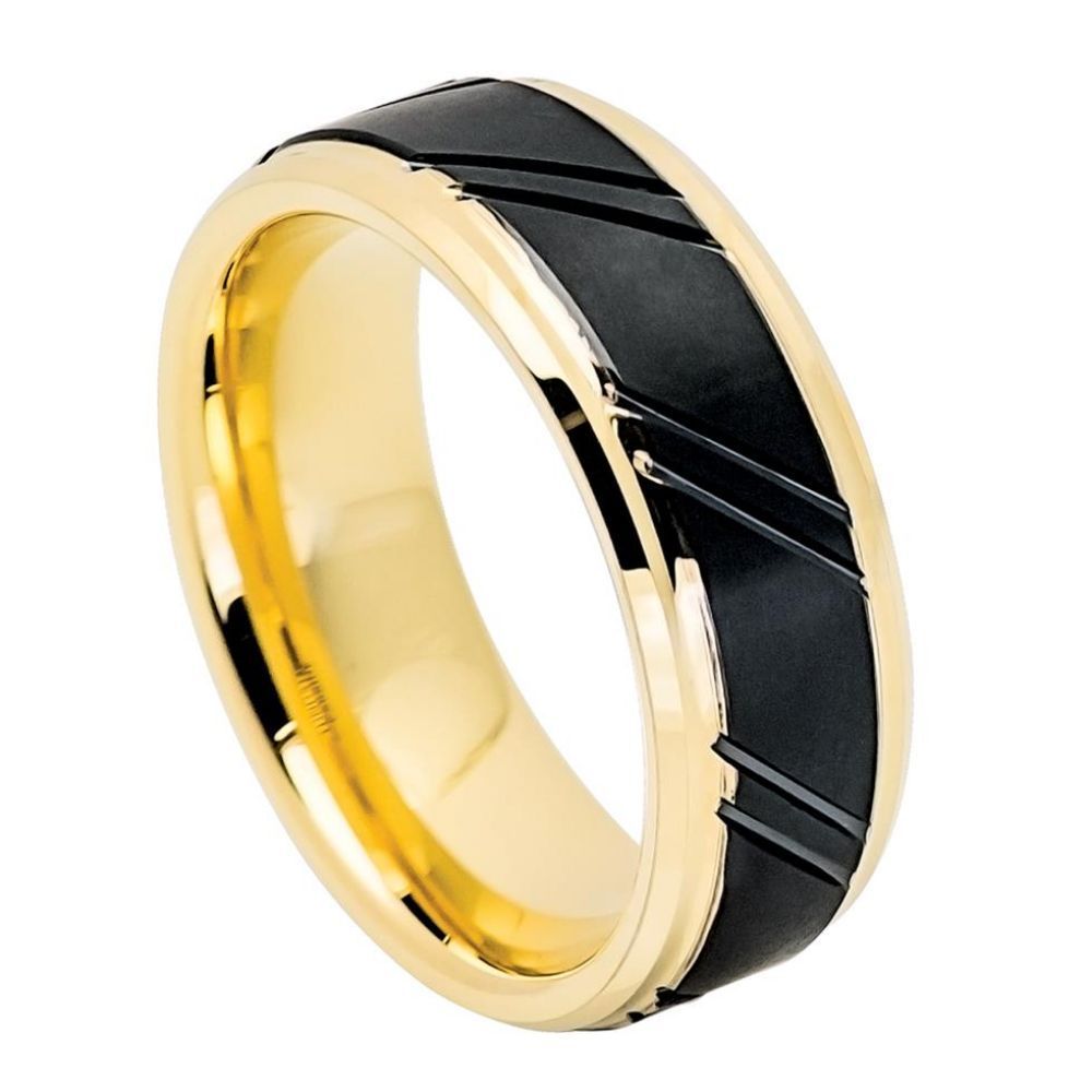 716-8mm Yellow Gold IP Plated & Stepped Edge with Black IP Grooved Center Brushed Finish
