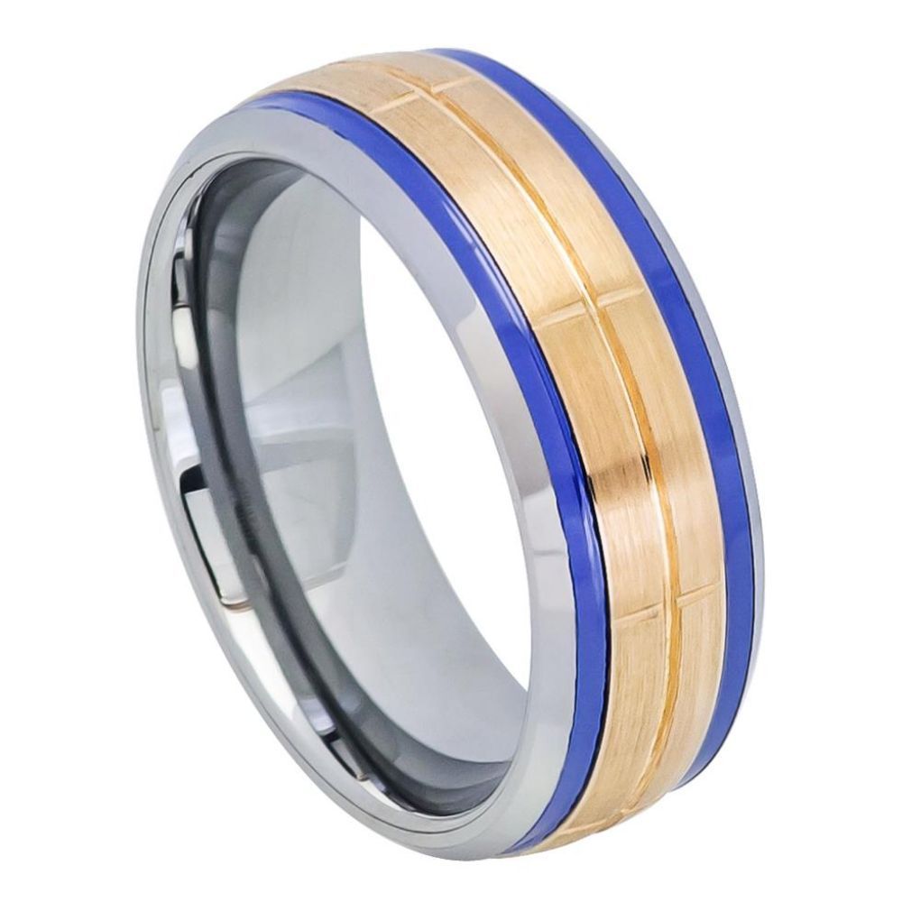 718-8mm Rose Gold IP Plated Brushed Grooved Center Beveled Edge with Indigo Stripes on both sides