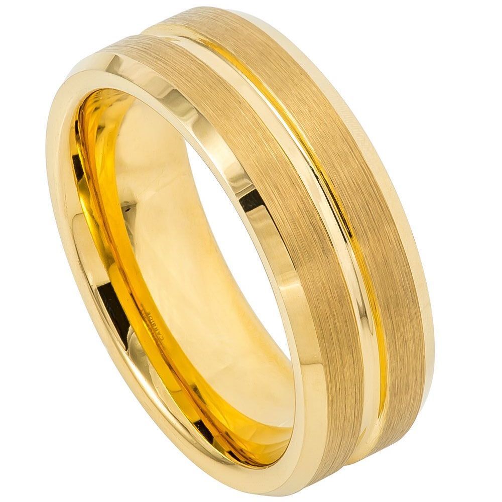 724-8mm Yellow Gold IP PlatedÂ Grooved Center Brushed Beveled Edge