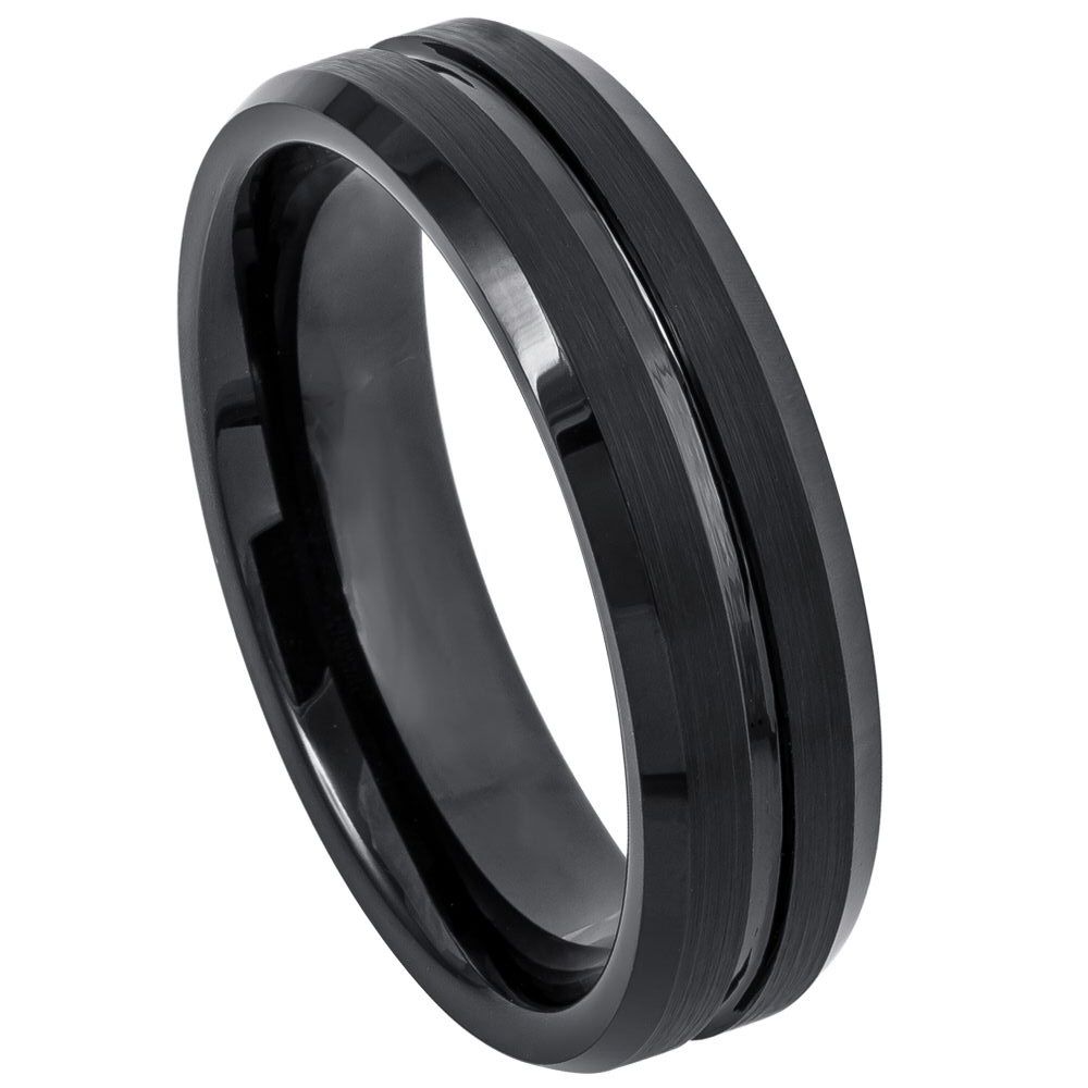 749-6mm Black IP Plated Shiny Grooved Center Brushed Beveled Edge