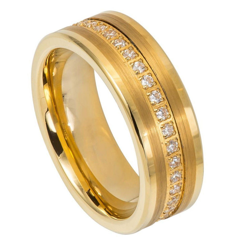 776-8mm Yellow IP Plated Pipe-cut Brushed Center Prong-set Round-cut Cubic Zirconia Eternity
