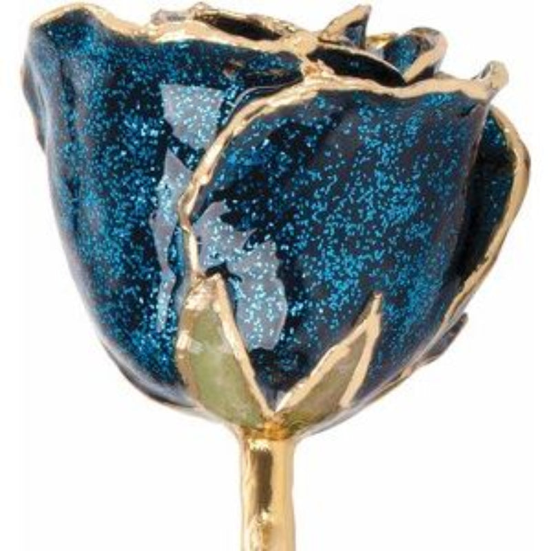 Lacquered Sparkle Blue Colored Rose with Gold Trim