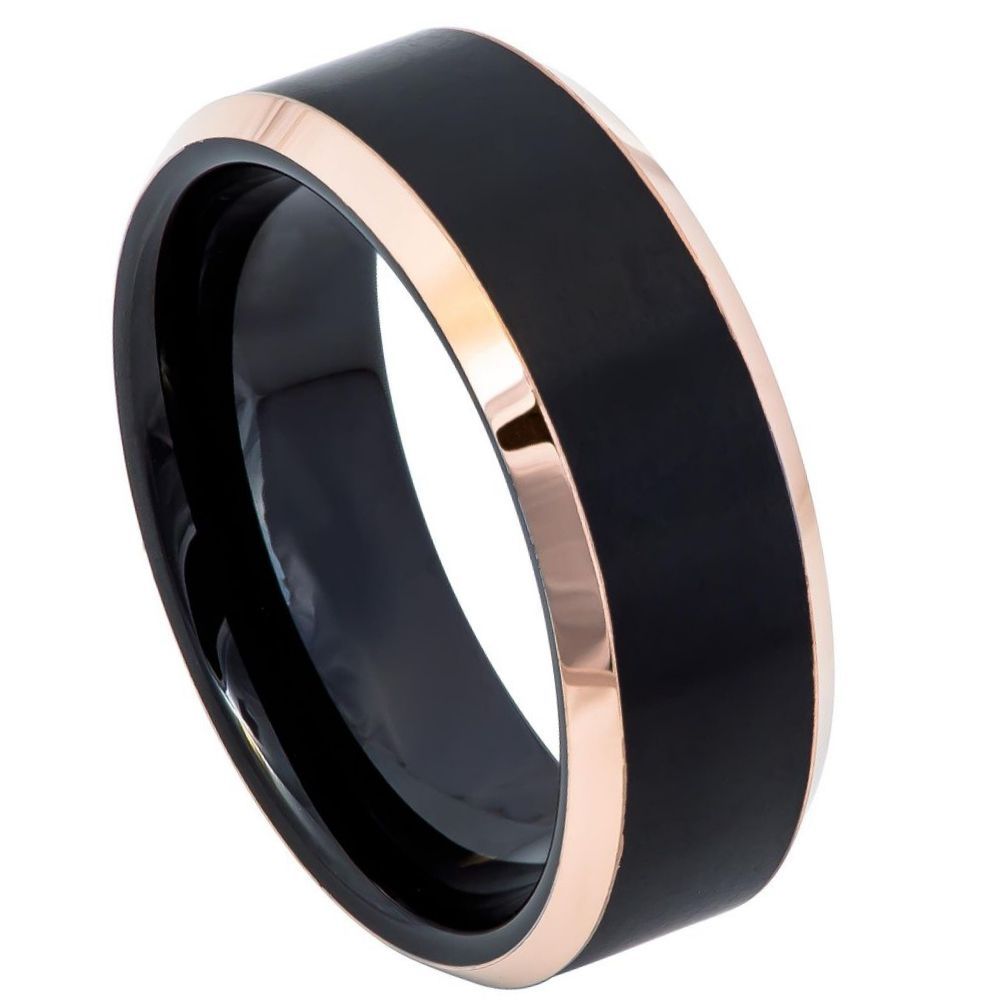 781-8mm Two-Tone Black & Rose Gold IP Brushed Center Shiny Beveled Edge